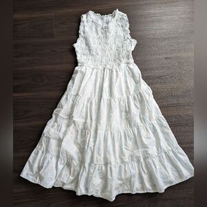 Society Social x Crown & Ivy White Blue Cotton Smocked Midi Dress 6 Cottagecore